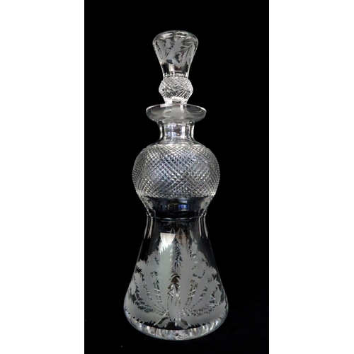 368 - A EDINBURGH CRYSTAL THISTLE SHAPED DECANTER AND SIX GLASSES each with etched thistle decoration, gla... 