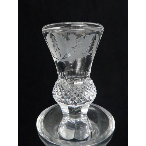 368 - A EDINBURGH CRYSTAL THISTLE SHAPED DECANTER AND SIX GLASSES each with etched thistle decoration, gla... 