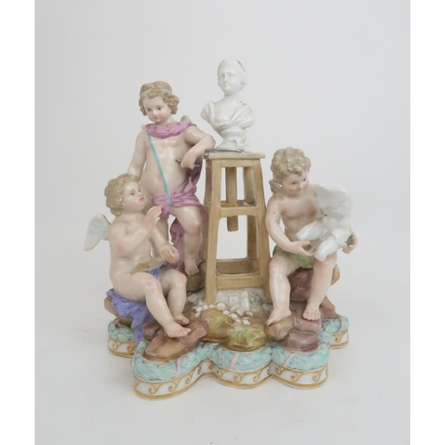 371 - A MEISSEN ALLEGORICAL GROUP DEPICTING SCULPTURE modelled as three putti, one holding a hammer and ch... 