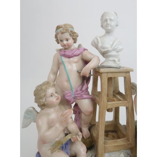 371 - A MEISSEN ALLEGORICAL GROUP DEPICTING SCULPTURE modelled as three putti, one holding a hammer and ch... 