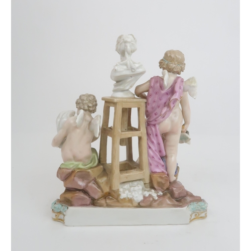 371 - A MEISSEN ALLEGORICAL GROUP DEPICTING SCULPTURE modelled as three putti, one holding a hammer and ch... 