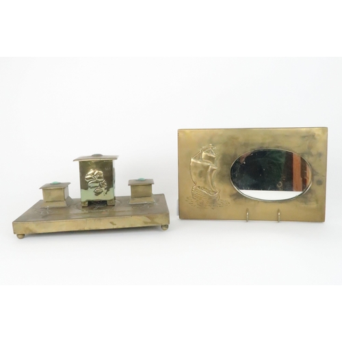 375 - A SCOTTISH SCHOOL BRASS DESK STANDwith two inkwells with turquoise ceramic roundels to lids, the bas... 