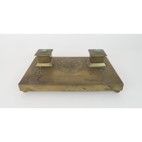 375 - A SCOTTISH SCHOOL BRASS DESK STANDwith two inkwells with turquoise ceramic roundels to lids, the bas... 