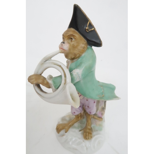 377 - FIVE CONTINENTAL MONKEY BAND FIGURESin the style of Meissen including a bagpipe player, a French hor... 