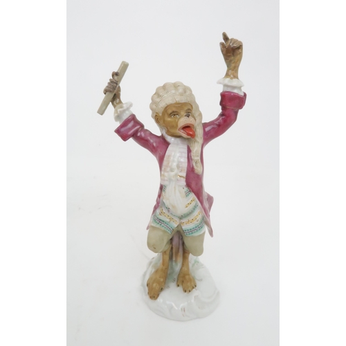 377 - FIVE CONTINENTAL MONKEY BAND FIGURESin the style of Meissen including a bagpipe player, a French hor... 