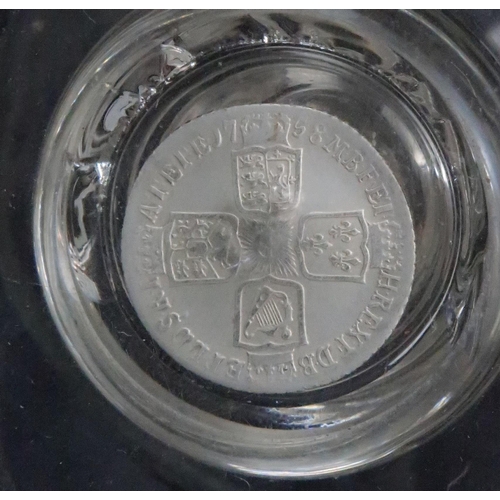 383 - A 19TH CENTURY GLASS GOBLETthe stem with a 1758 George II shilling, the glass etched DMH and engrave... 