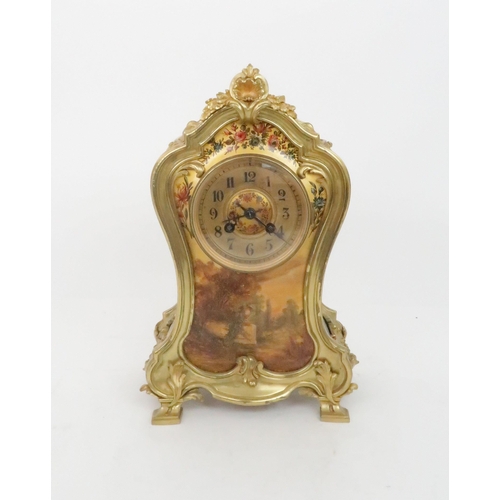 399 - A FRENCH GILT METAL VERNIS MARTIN STYLE MANTLE CLOCKdecorated with a classical garden scene, the mov... 