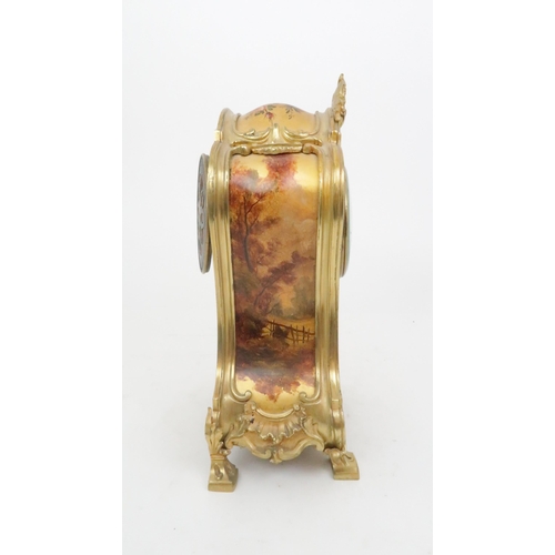 399 - A FRENCH GILT METAL VERNIS MARTIN STYLE MANTLE CLOCKdecorated with a classical garden scene, the mov... 