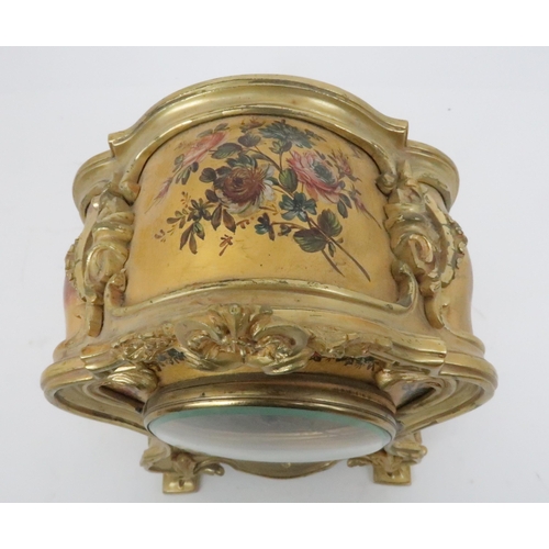 399 - A FRENCH GILT METAL VERNIS MARTIN STYLE MANTLE CLOCKdecorated with a classical garden scene, the mov... 