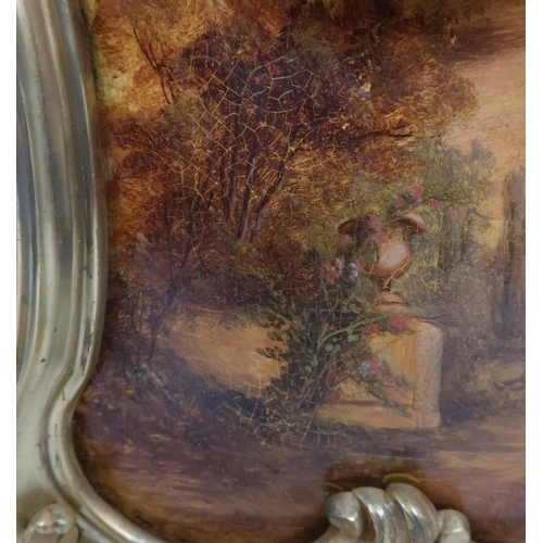 399 - A FRENCH GILT METAL VERNIS MARTIN STYLE MANTLE CLOCKdecorated with a classical garden scene, the mov... 