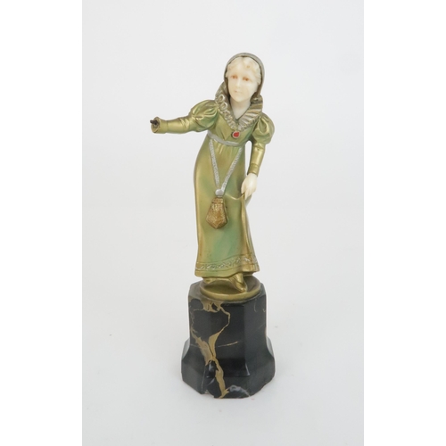 400 - FERDINAND PREISS - AN ART DECO BRONZE AND IVORY FIGURE OF A YOUNG GIRLwearing a bonnet and holding o... 