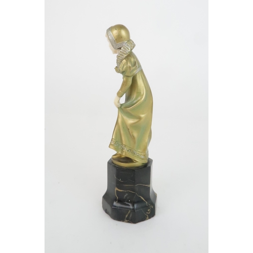 400 - FERDINAND PREISS - AN ART DECO BRONZE AND IVORY FIGURE OF A YOUNG GIRLwearing a bonnet and holding o... 