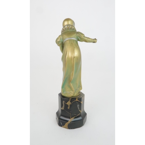 400 - FERDINAND PREISS - AN ART DECO BRONZE AND IVORY FIGURE OF A YOUNG GIRLwearing a bonnet and holding o... 