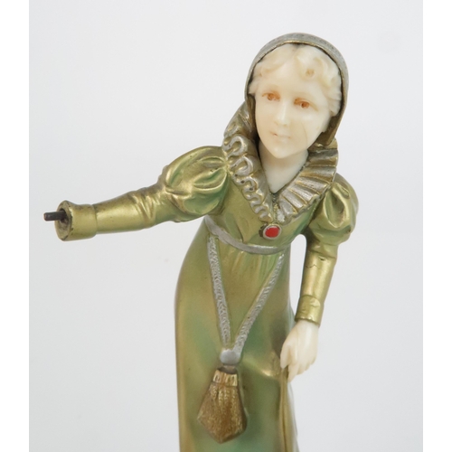 400 - FERDINAND PREISS - AN ART DECO BRONZE AND IVORY FIGURE OF A YOUNG GIRLwearing a bonnet and holding o... 