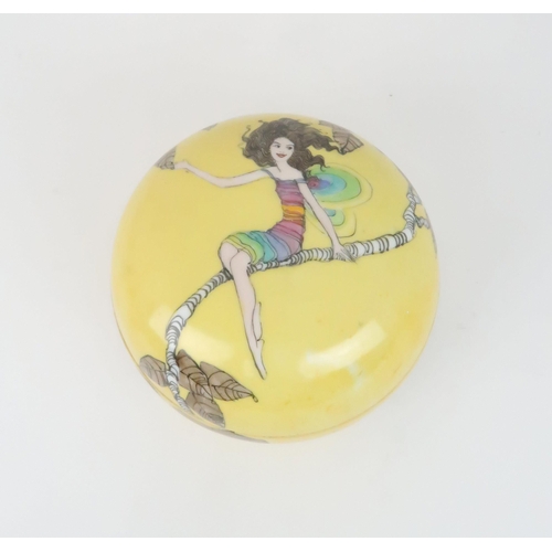 408 - ELIZABETH MARY WATT (1886-1954) - A DOMED TOP POT AND COVER painted with a fairy in rainbow dress sa... 