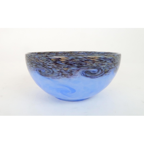 428 - A MONART BLUE GLASS BOWLwith mottled purple and gold aventurine rim and swirling design, shape numbe... 