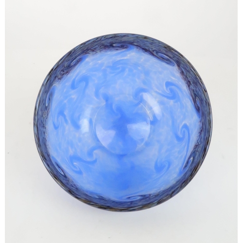 428 - A MONART BLUE GLASS BOWLwith mottled purple and gold aventurine rim and swirling design, shape numbe... 