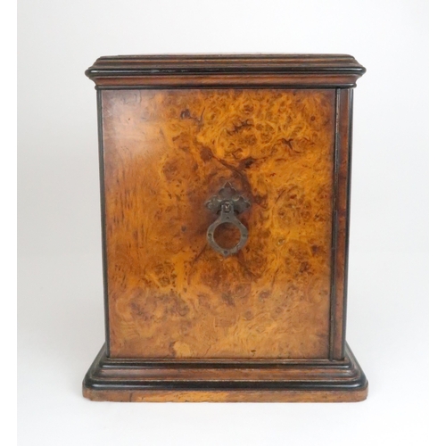 554 - A VICTORIAN BURR WALNUT THREE DRAWER COLLECTORS/TABLE CABINET with hinged doors and brass inset draw... 