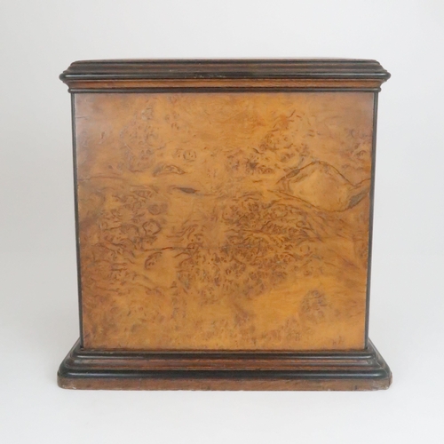 554 - A VICTORIAN BURR WALNUT THREE DRAWER COLLECTORS/TABLE CABINET with hinged doors and brass inset draw... 