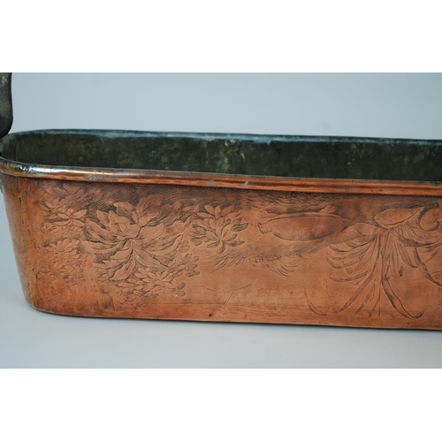 559 - A LARGE COPPER FISH KETTLEpossibly French decorated with a landscape scene and stamped B, with swing... 