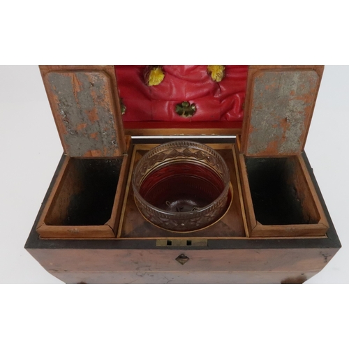 573 - A REGENCY TWO DIVISION TEA CADDYwith hinged lid and  with burr walnut lidded compartments with mixin... 