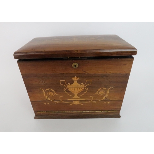 575 - A VICTORIAN INLAID ROSEWOOD STATIONARY BOXthe exterior inlaid with an urn and scrolling foliage the ... 