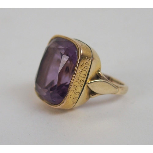 593 - *WITHDRAWN*A 15ct GOLD AND AMETHYST GENTS RINGconverted from watch fob, the side of the ring inscrib... 