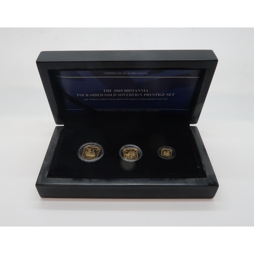 617 - *WITHDRAWN*A CASED SET OF GOLD COINS HATTONS OF LONDONThe 2019 Britannia Four-Sides Gold Sovereign P... 