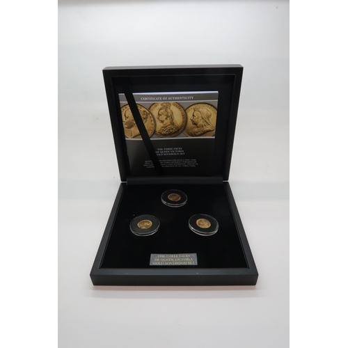 619 - A CASED SET OF GOLD COINS HATTONS OF LONDONThe Three Faces of Queen Victoria Gold Sovereign set comp... 