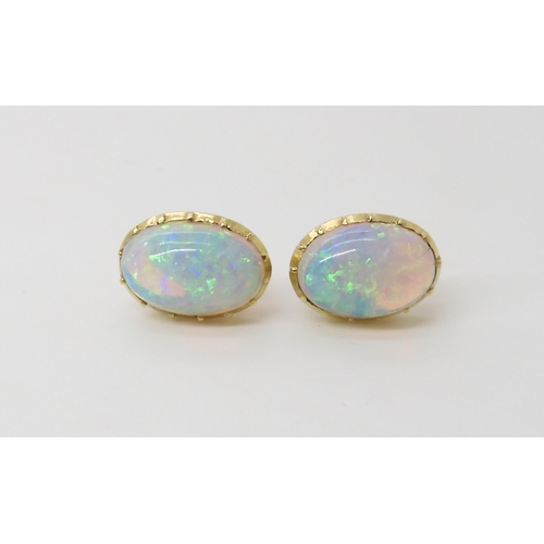 704 - A PAIR OF JELLY OPAL EAR STUDS dimensions of the opals 10.5mm x 7.5mm, in yelow metal cut back mount... 