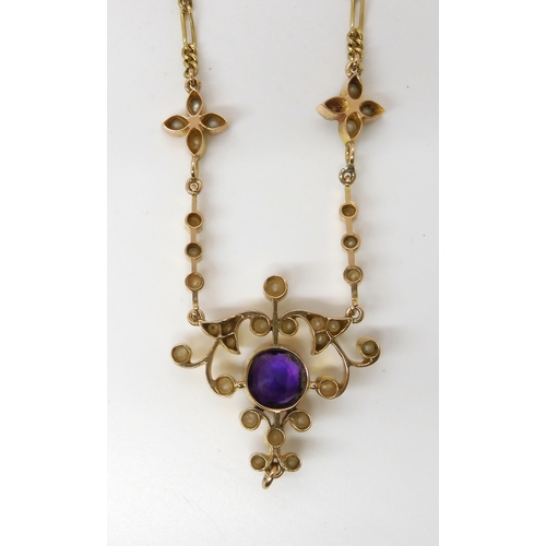 715 - A PEARL AND AMETHYST EDWARDIAN PENDANT NECKLACE made in bright yellow metal with a figaro chain to a... 