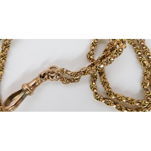 717 - A 9CT GOLD FANCY LINK GUARD CHAIN with '9c' soldered on tag, stamped 9c to the lobster claw clasp. L... 