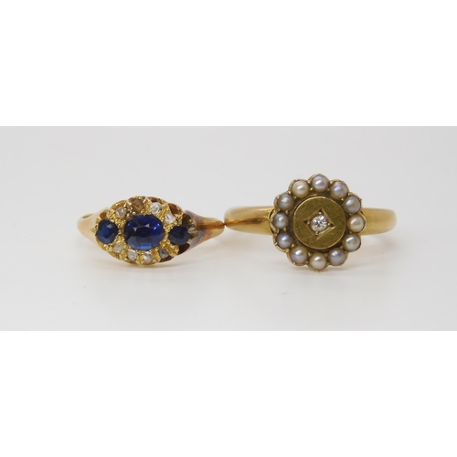 719 - TWO VINTAGE RINGS an 18ct gold pearl and diamond cluster ring, made by Barnet Henry Joseph & Co.... 