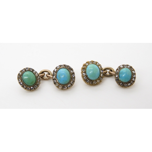 726 - A PAIR OF TURQUOISE AND ROSE CUT DIAMOND CUFFLINKS made in un hallmarked yellow metal, size of the h... 