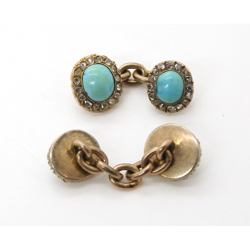 726 - A PAIR OF TURQUOISE AND ROSE CUT DIAMOND CUFFLINKS made in un hallmarked yellow metal, size of the h... 