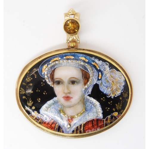 805 - A 14K GOLD AND ENAMEL PENDANTthe enamel plaque is in the Limoges style, a portrait of a Elizabethan ... 