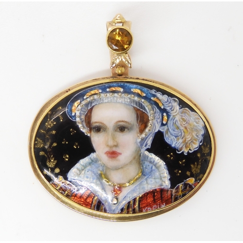 805 - A 14K GOLD AND ENAMEL PENDANTthe enamel plaque is in the Limoges style, a portrait of a Elizabethan ... 