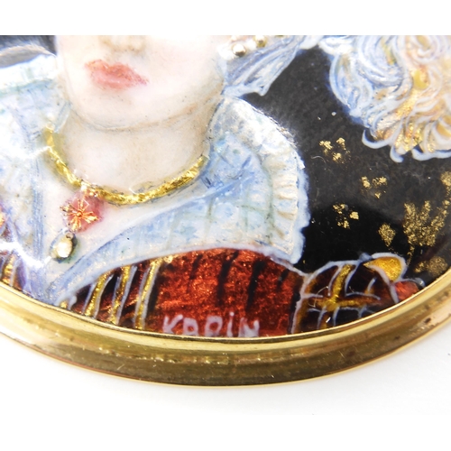 805 - A 14K GOLD AND ENAMEL PENDANTthe enamel plaque is in the Limoges style, a portrait of a Elizabethan ... 