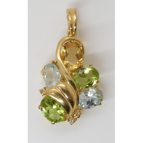 806 - A 14K GOLD GEM SET PENDANTset with peridot, citrine, aquamarine and diamond accents. Length of penda... 