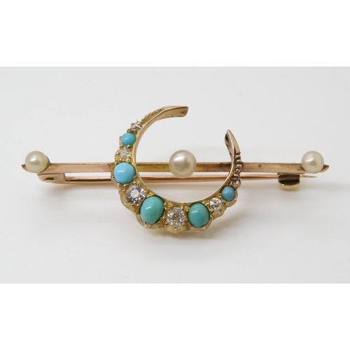 812 - A TURQUOISE DIAMOND & PEARL CRESCENT MOON BROOCHset with six old and rose cut diamonds to an est... 