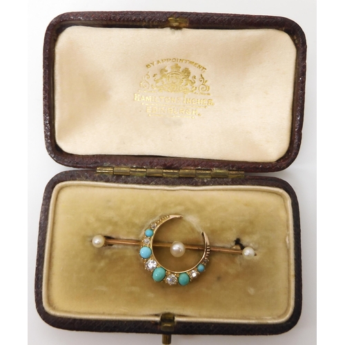 812 - A TURQUOISE DIAMOND & PEARL CRESCENT MOON BROOCHset with six old and rose cut diamonds to an est... 