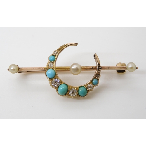 812 - A TURQUOISE DIAMOND & PEARL CRESCENT MOON BROOCHset with six old and rose cut diamonds to an est... 