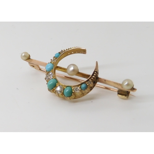 812 - A TURQUOISE DIAMOND & PEARL CRESCENT MOON BROOCHset with six old and rose cut diamonds to an est... 