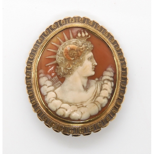 833 - A CLASSICAL CAMEO CLASP BROOCHcraftsman carved as a horned deity possibly Faunus/Pan, in a yellow me... 