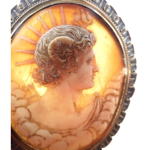 833 - A CLASSICAL CAMEO CLASP BROOCHcraftsman carved as a horned deity possibly Faunus/Pan, in a yellow me... 