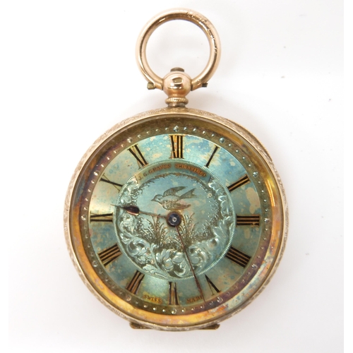 869 - A 14K GOLD OPEN FACE FOB WATCHthe blue tinted dial is engraved with a bird and foliage. with black R... 