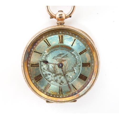 869 - A 14K GOLD OPEN FACE FOB WATCHthe blue tinted dial is engraved with a bird and foliage. with black R... 