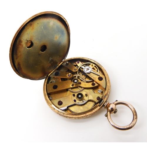 869 - A 14K GOLD OPEN FACE FOB WATCHthe blue tinted dial is engraved with a bird and foliage. with black R... 