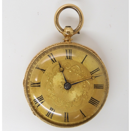 871 - AN 18CT GOLD OPEN FACE POCKET WATCHwith gold coloured floral engraved dial, black Roman numerals and... 