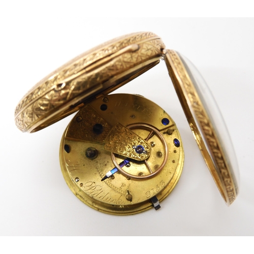 871 - AN 18CT GOLD OPEN FACE POCKET WATCHwith gold coloured floral engraved dial, black Roman numerals and... 